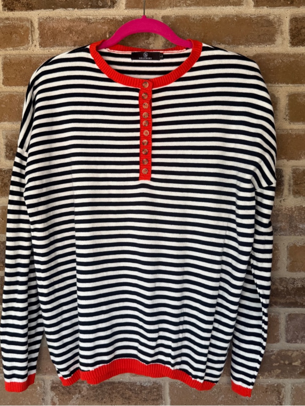 Lilly Pulitzer Navy & White Striped Crewneck Sweater with Red Trim